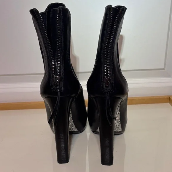 Miu Miu Black Leather Platform Ankle Boots with Glitter Block Heel - Picture 8 of 15